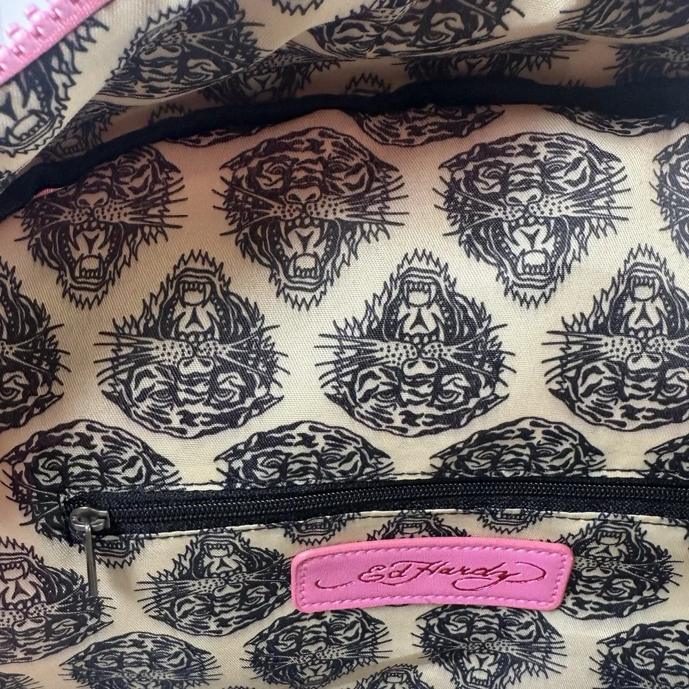Ed Hardy Pink Multi Backpack NWT Rhinestone Hearts Skull Rose Tattoo Print Bag